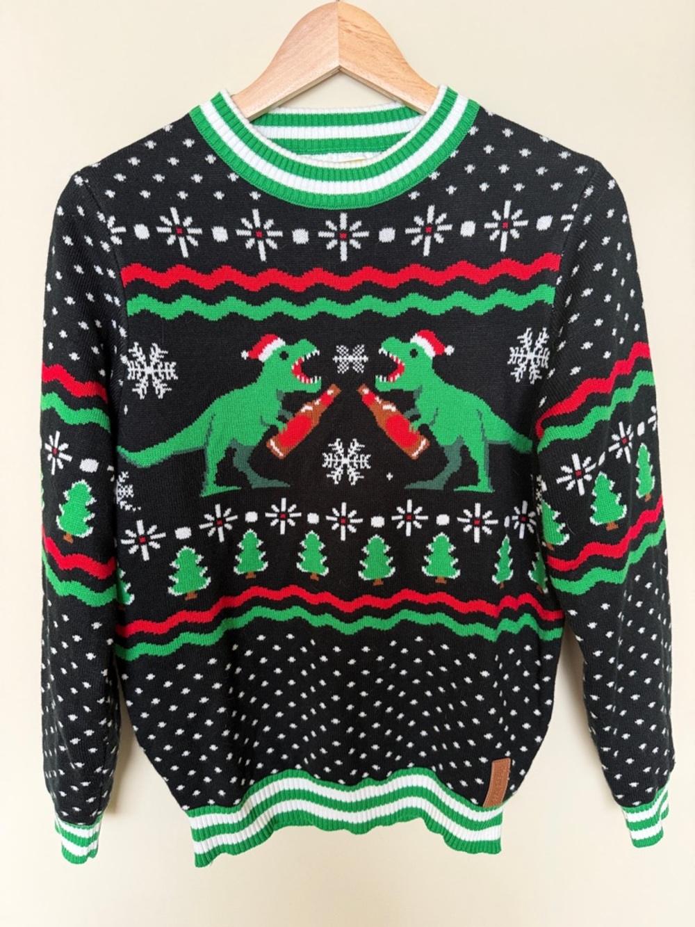 Tipsy Elves Black Holiday Dino Knit Sweater with Green & Red Accents